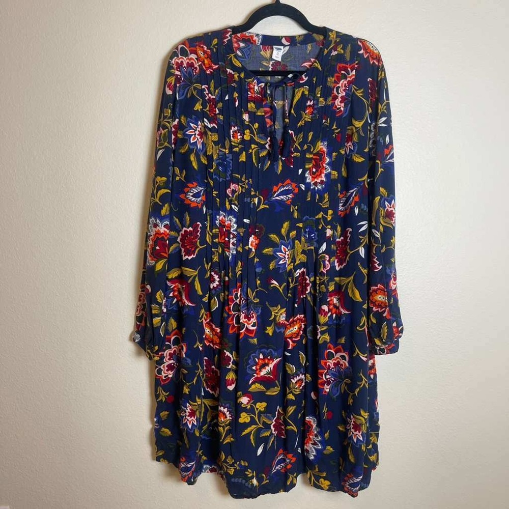 Old Navy Womens XL Navy Blue Floral Long Sleeve Boho Pleated Tunic‎ Blouse
